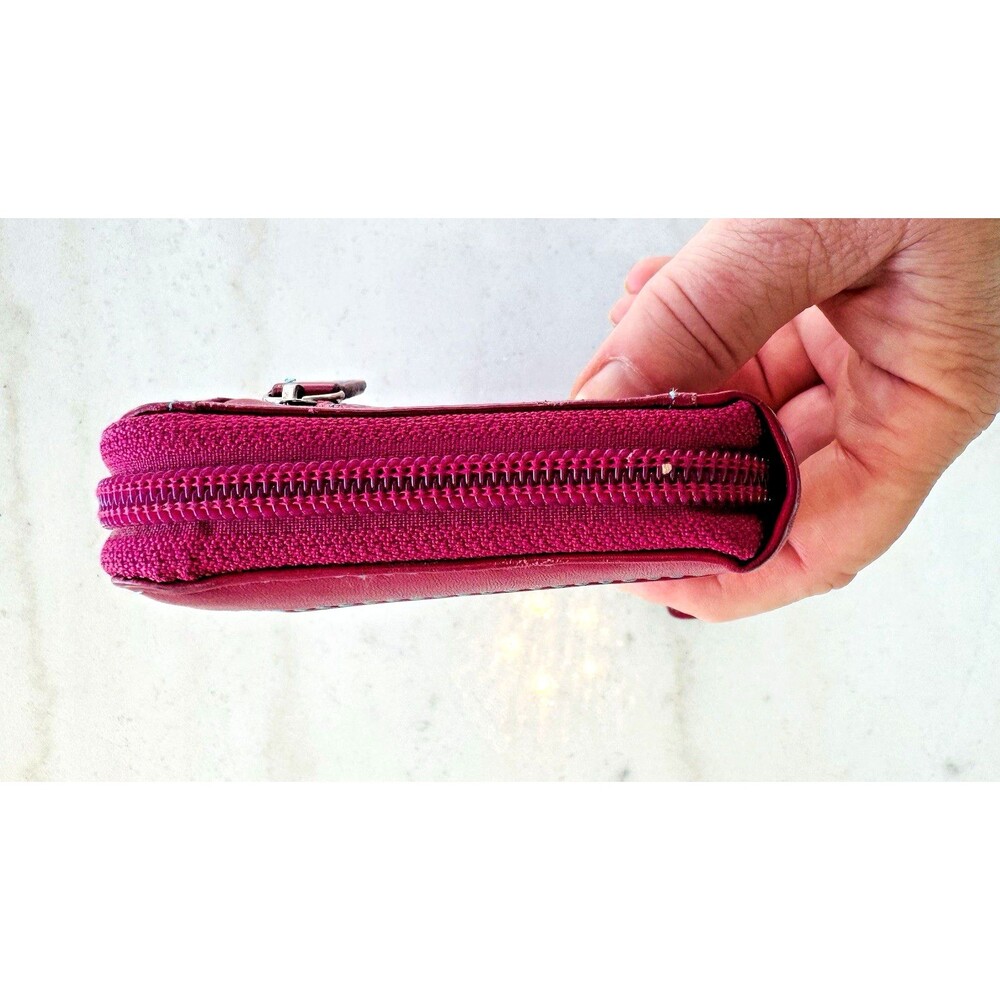 Soft Italian Leather Verde Pelle Large Zippered Wallet Clutch Burgundy Multi - Picture 12 of 12